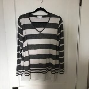 Calvin Klein Gray & White Stripe Lightweight Layered Look v-neck Sweater Large